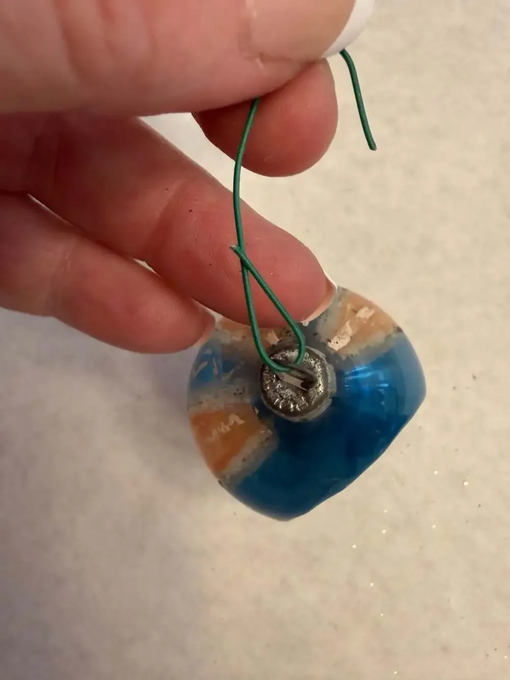 Vtg Blown Glass Indent Reflector Christmas Ornament Blue and Orange Mini Teardr